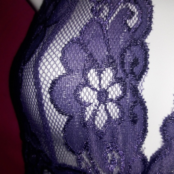 Purple Mesh Floral Lace Trim Halter Bodysuit O/S - Picture 3 of 5